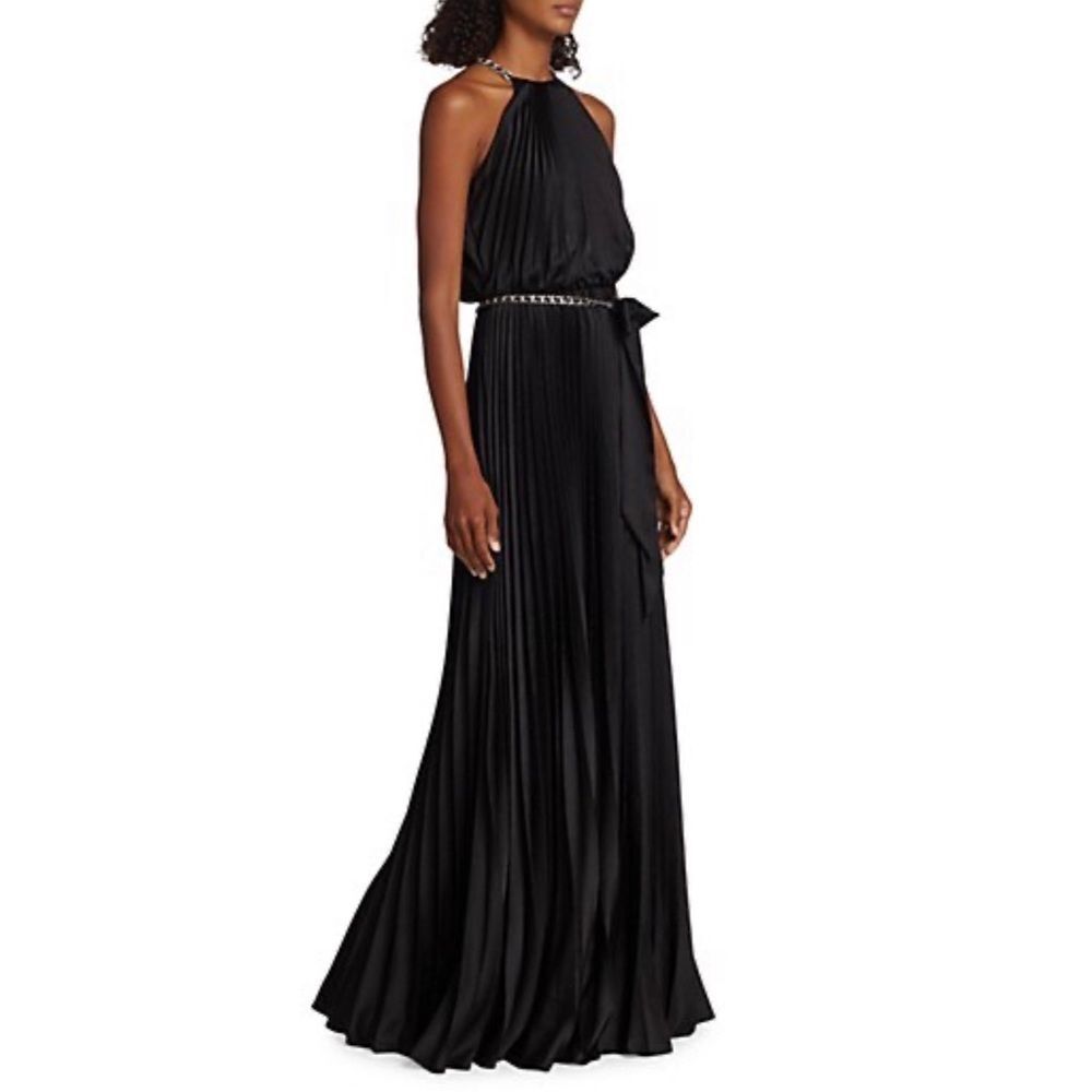 ML Monique Lhuillier Satin Chain-Link Belt Pleated Gown, Black, New, Size 8 - Picture 4 of 12